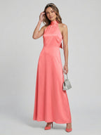 Coquette Coral Satin A-Line Halter neckline Bow Ankle-Length Bridesmaid Dress - Curvevia