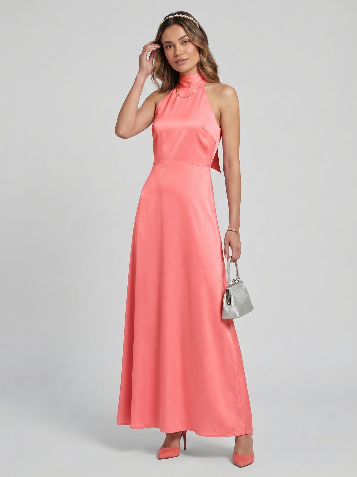 Coquette Coral Satin A-Line Halter neckline Bow Ankle-Length Bridesmaid Dress - Curvevia