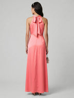 Coquette Coral Satin A-Line Halter neckline Bow Ankle-Length Bridesmaid Dress - Curvevia