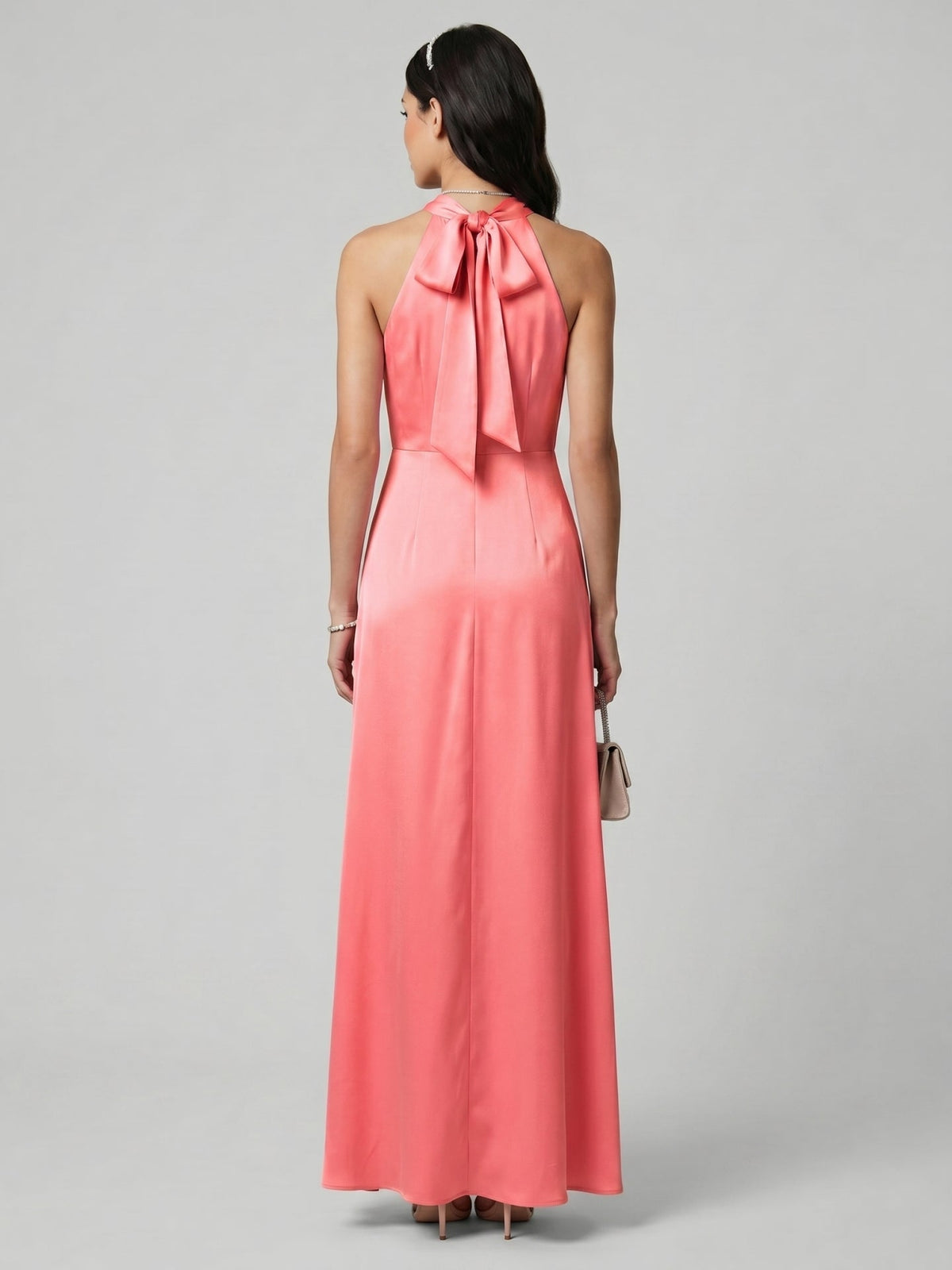 Coquette Coral Satin A-Line Halter neckline Bow Ankle-Length Bridesmaid Dress - Curvevia