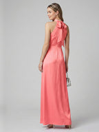 Coquette Coral Satin A-Line Halter neckline Bow Ankle-Length Bridesmaid Dress - Curvevia