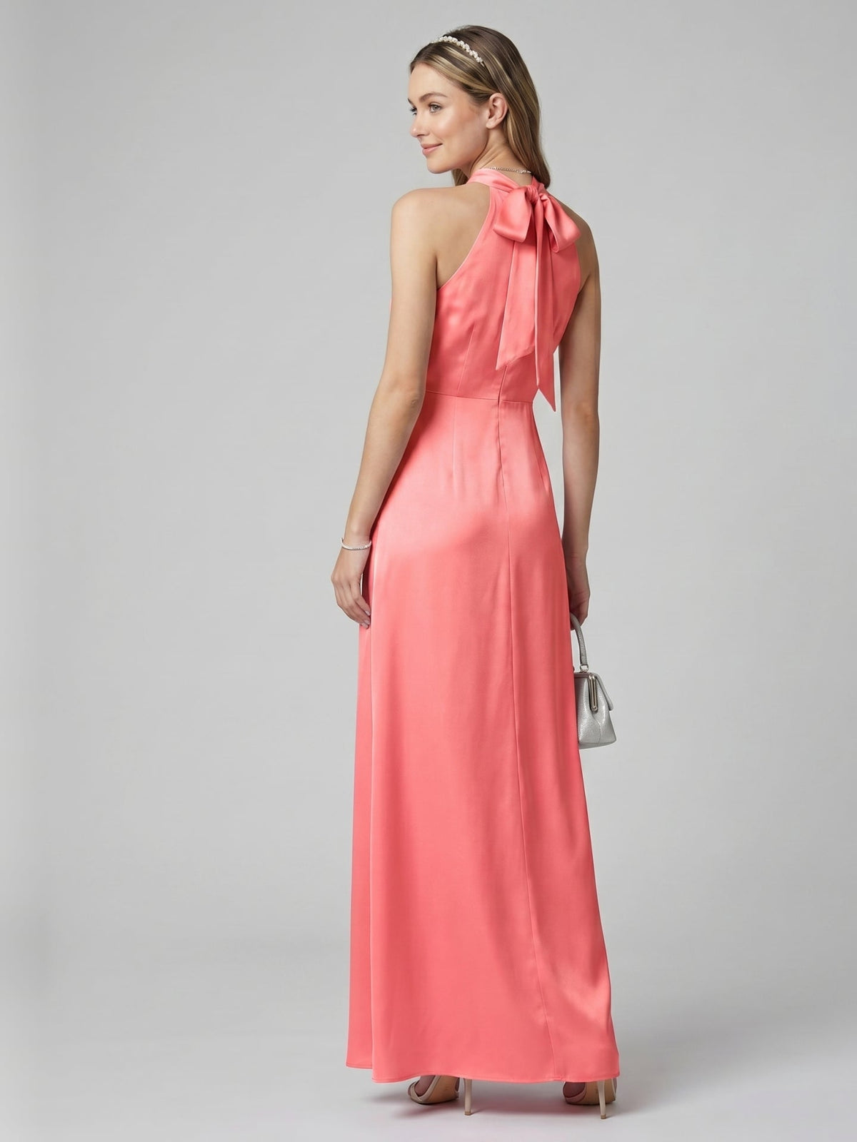 Coquette Coral Satin A-Line Halter neckline Bow Ankle-Length Bridesmaid Dress - Curvevia