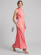 Coquette Coral Satin A-Line Halter neckline Bow Ankle-Length Bridesmaid Dress - Curvevia