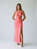 Coral Matte Satin Trumpet Halter Lace-Up Back Floor-Length Evening Dress - Curvevia