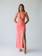 Coral Matte Satin Trumpet Halter Lace-Up Back Floor-Length Evening Dress - Curvevia