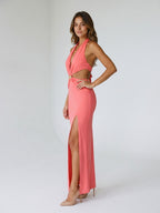 Coral Matte Satin Trumpet Halter Lace-Up Back Floor-Length Evening Dress - Curvevia
