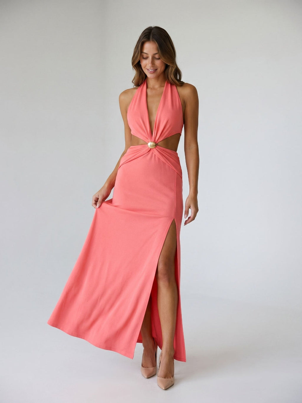 Coral Matte Satin Trumpet Halter Lace-Up Back Floor-Length Evening Dress - Curvevia