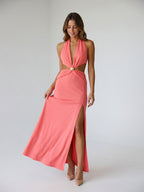 Coral Matte Satin Trumpet Halter Lace-Up Back Floor-Length Evening Dress - Curvevia