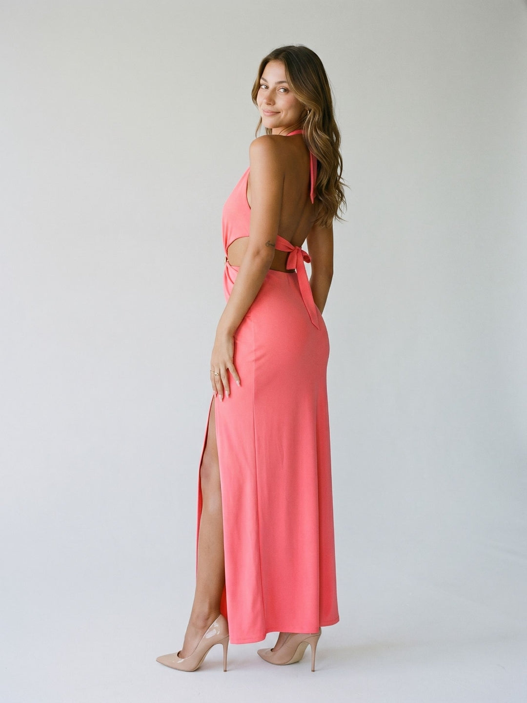 Coral Matte Satin Trumpet Halter Lace-Up Back Floor-Length Evening Dress - Curvevia