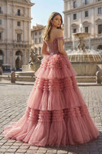 Red Tulle Off-the-Shoulder Ruffle Tiered Long Prom Dress - Curvevia