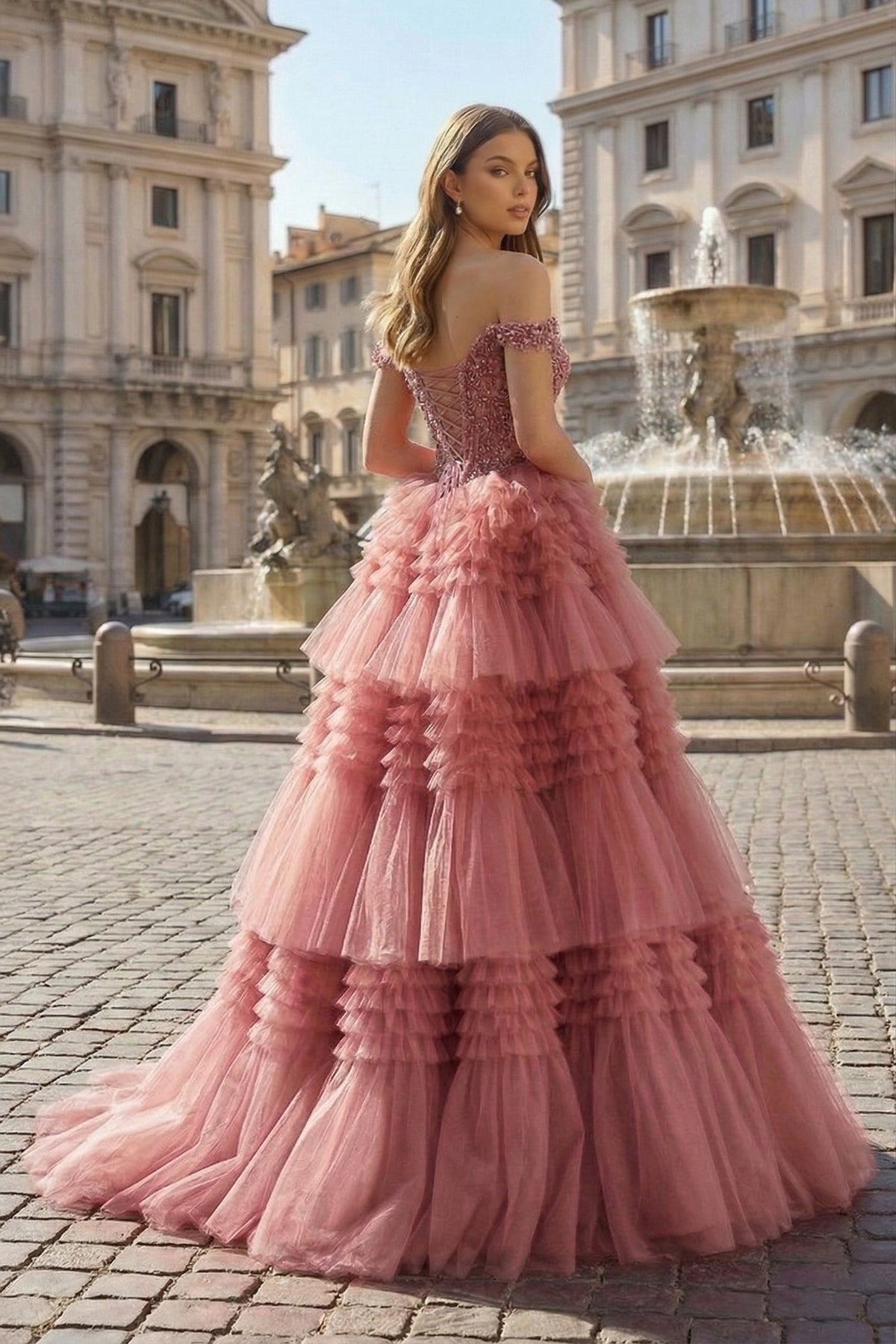 Red Tulle Off-the-Shoulder Ruffle Tiered Long Prom Dress - Curvevia