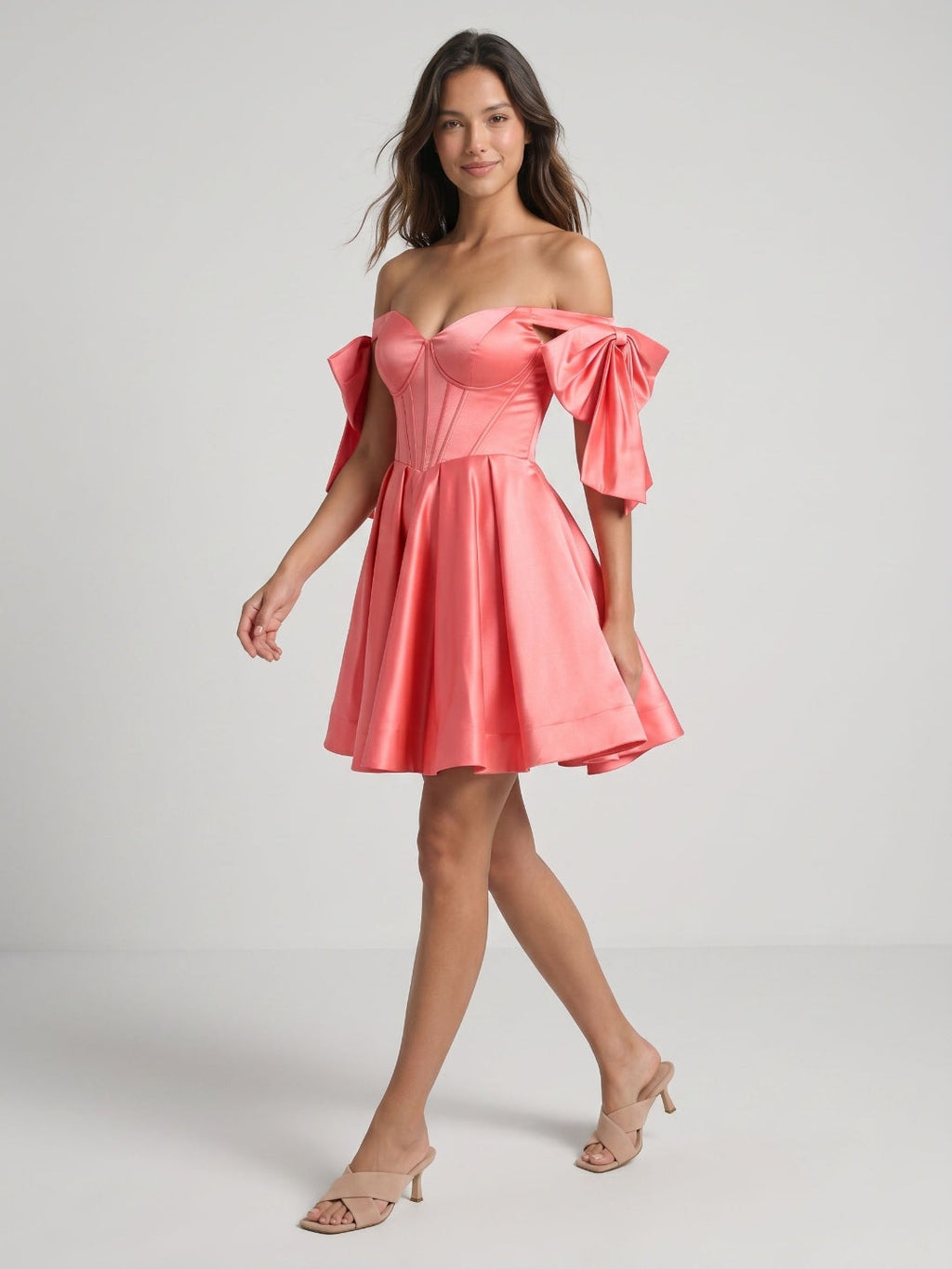 Coral Satin A-Line Off-the-Shoulder Short Homecoming Dress with Bow - Curvevia