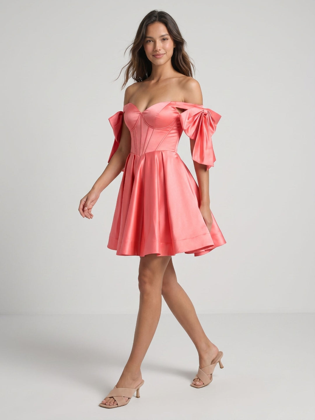 Coral Satin A-Line Off-the-Shoulder Short Homecoming Dress with Bow - Curvevia