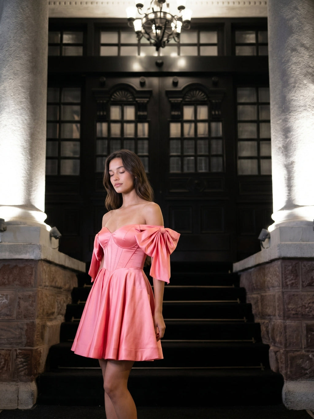 Coral Satin A-Line Off-the-Shoulder Short Homecoming Dress with Bow - Curvevia