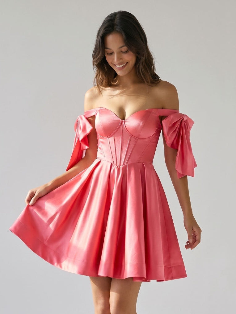 Coral Satin A-Line Off-the-Shoulder Short Homecoming Dress with Bow - Curvevia