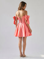 Coral Satin A-Line Off-the-Shoulder Short Homecoming Dress with Bow - Curvevia