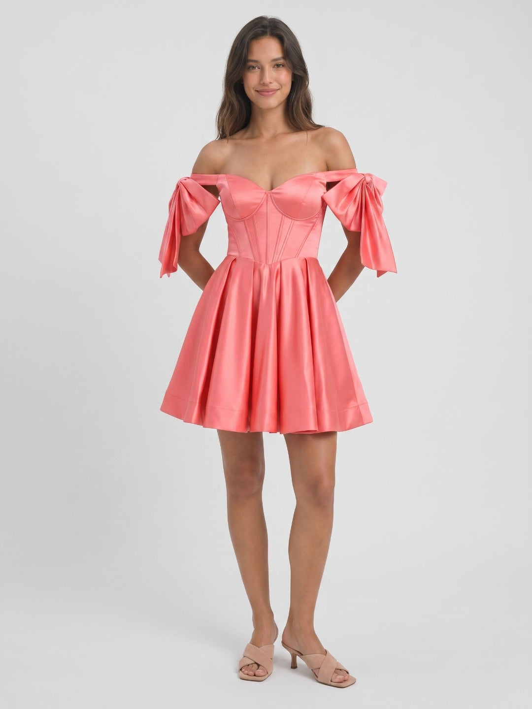 Coral Satin A-Line Off-the-Shoulder Short Homecoming Dress with Bow - Curvevia