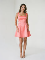 Coral Satin A-Line Square Neck Keyhole Back Short Homecoming Dress with Bow - Curvevia