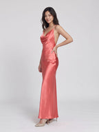 Coral Satin Sheath Cowl Neck Backless Floor-Length Evening Dress - Curvevia