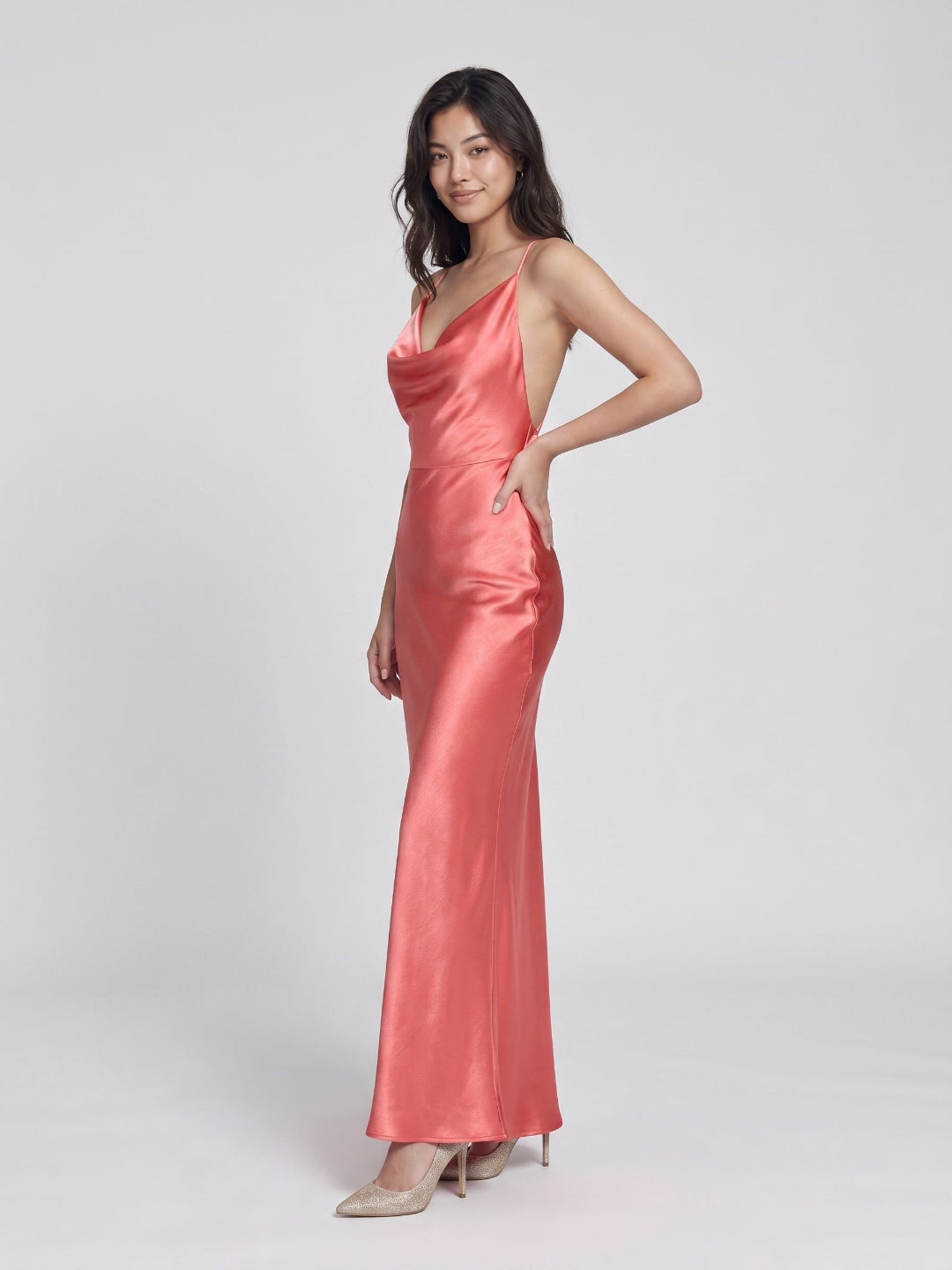 Coral Satin Sheath Cowl Neck Backless Floor-Length Evening Dress - Curvevia