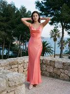 Coral Satin Sheath Cowl Neck Backless Floor-Length Evening Dress - Curvevia