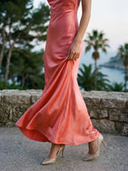Coral Satin Sheath Cowl Neck Backless Floor-Length Evening Dress - Curvevia