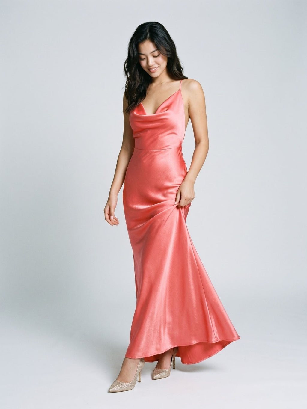 Coral Satin Sheath Cowl Neck Backless Floor-Length Evening Dress - Curvevia