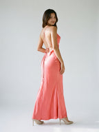 Coral Satin Sheath Cowl Neck Backless Floor-Length Evening Dress - Curvevia
