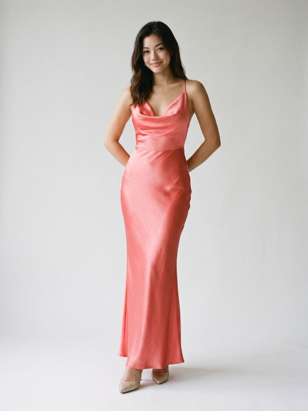 Coral Satin Sheath Cowl Neck Backless Floor-Length Evening Dress - Curvevia
