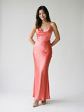 Coral Satin Sheath Cowl Neck Backless Floor-Length Evening Dress - Curvevia