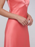 Coral Satin Sheath Halter Neckline Backless Ankle-Length Bridesmaid Dress with Bow - Curvevia