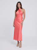 Coral Satin Sheath Halter Neckline Backless Ankle-Length Bridesmaid Dress with Bow - Curvevia