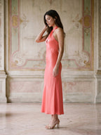 Coral Satin Sheath Halter Neckline Backless Ankle-Length Bridesmaid Dress with Bow - Curvevia