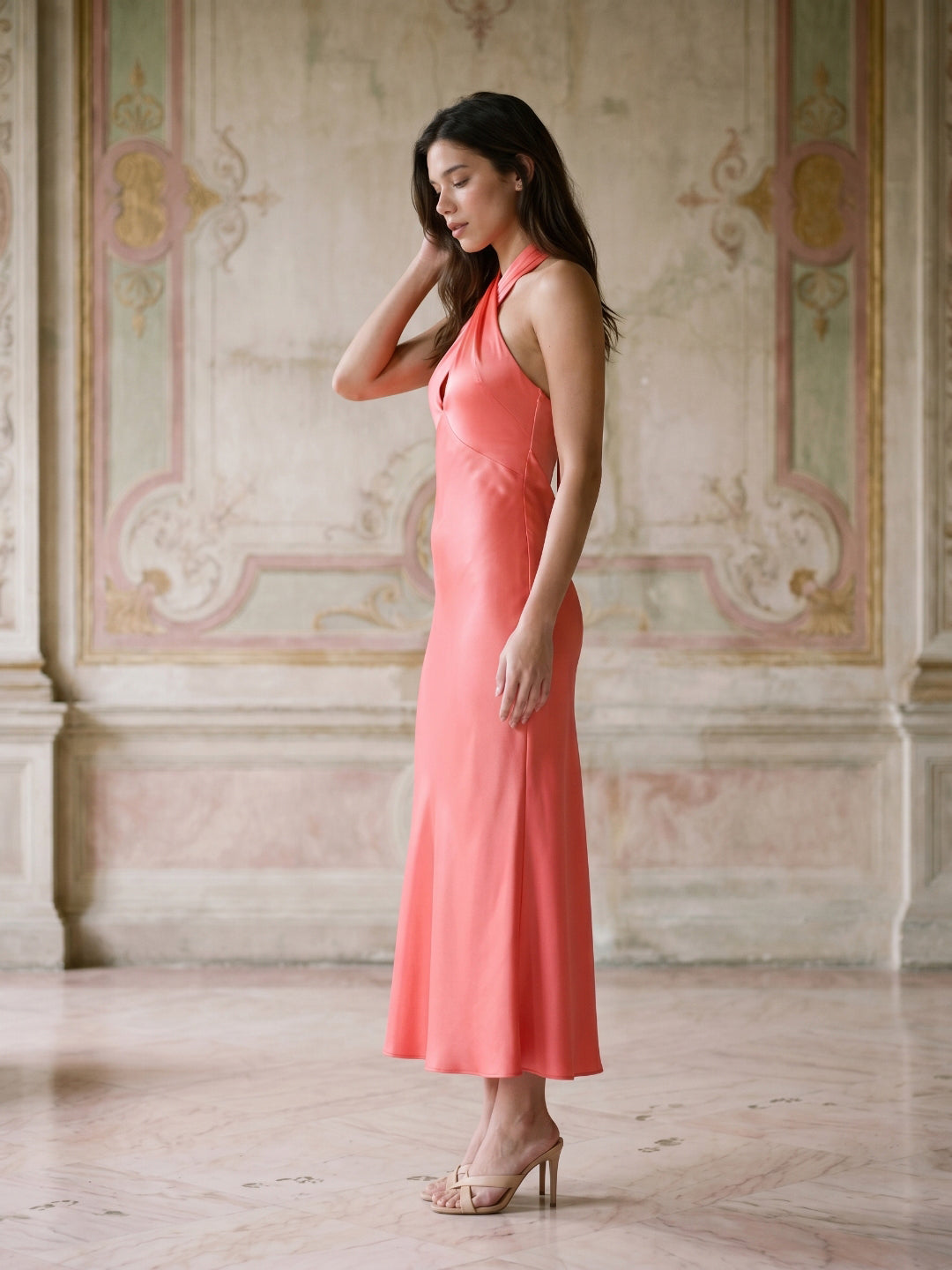 Coral Satin Sheath Halter Neckline Backless Ankle-Length Bridesmaid Dress with Bow - Curvevia