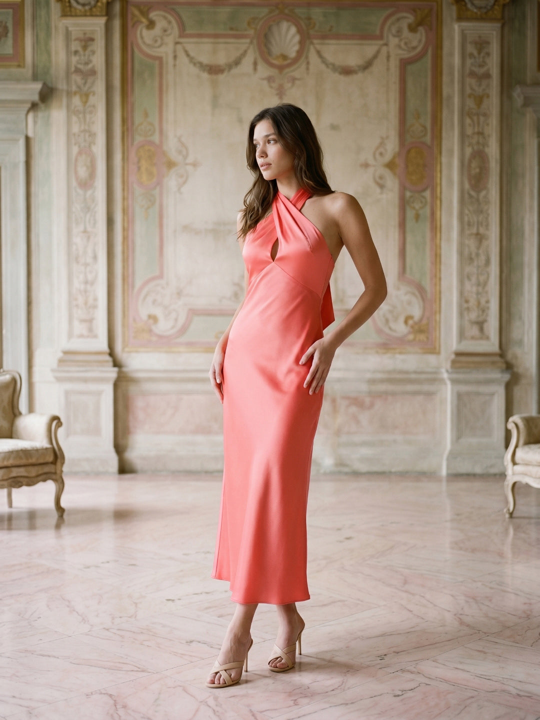 Coral Satin Sheath Halter Neckline Backless Ankle-Length Bridesmaid Dress with Bow - Curvevia