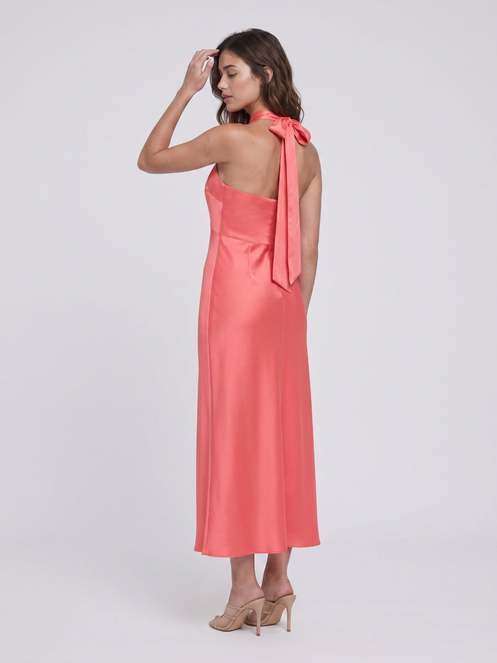 Coral Satin Sheath Halter Neckline Backless Ankle-Length Bridesmaid Dress with Bow - Curvevia