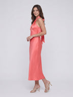 Coral Satin Sheath Halter Neckline Backless Ankle-Length Bridesmaid Dress with Bow - Curvevia