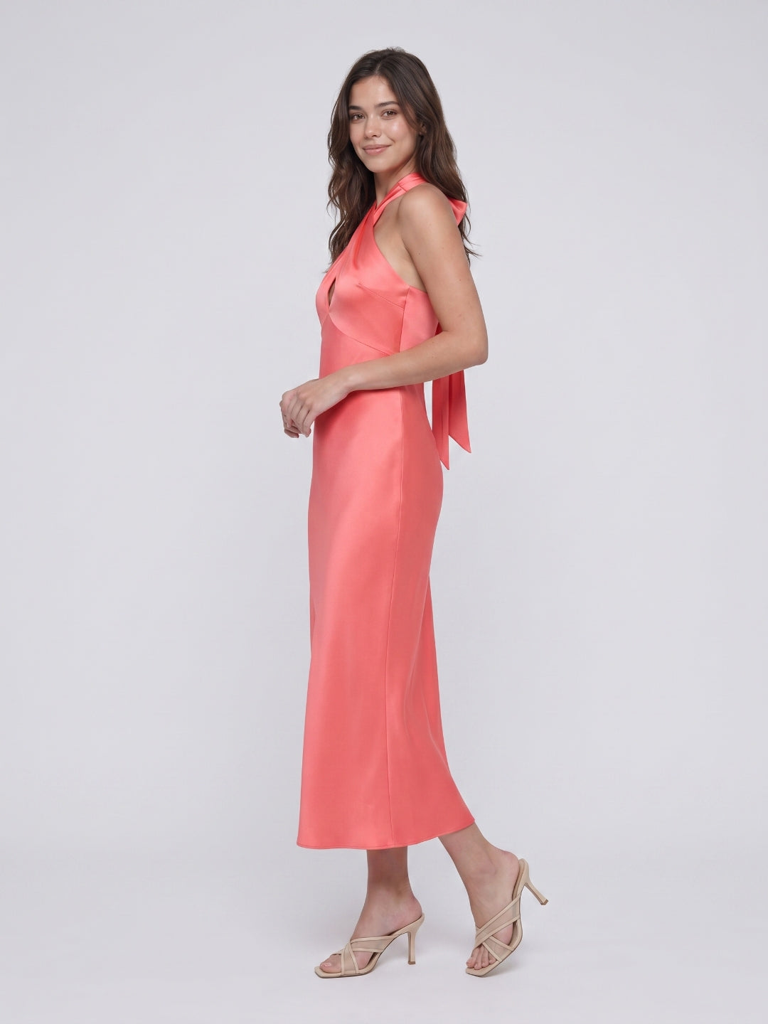 Coral Satin Sheath Halter Neckline Backless Ankle-Length Bridesmaid Dress with Bow - Curvevia