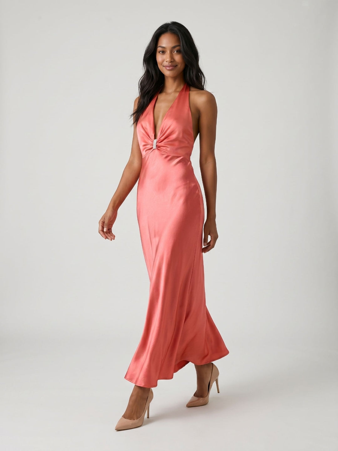 Coral Satin Sheath Halter Neckline Backless Ankle-Length Evening Dress - Curvevia