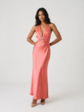 Coral Satin Sheath Halter Neckline Backless Ankle-Length Evening Dress - Curvevia