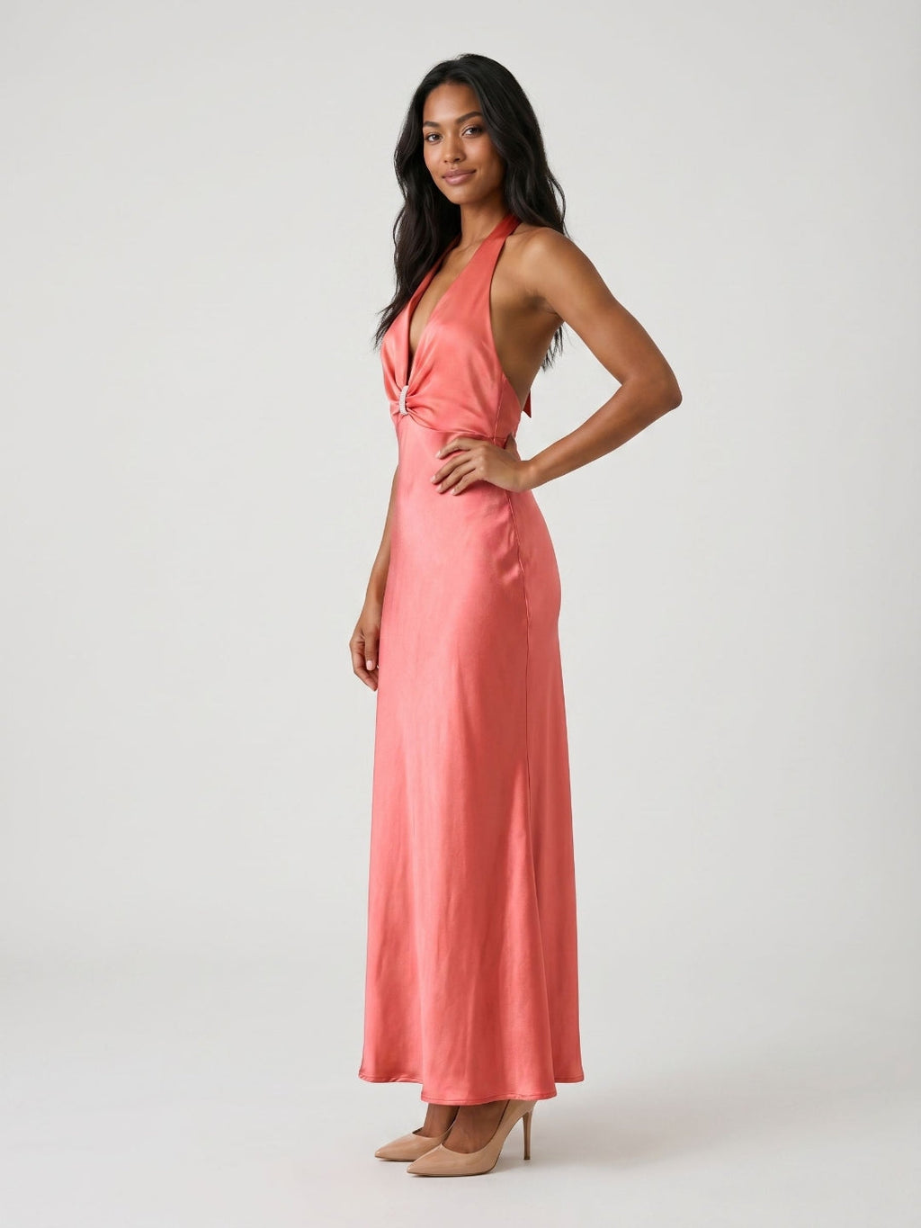 Coral Satin Sheath Halter Neckline Backless Ankle-Length Evening Dress - Curvevia