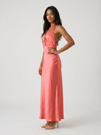Coral Satin Sheath Halter Neckline Backless Ankle-Length Evening Dress - Curvevia