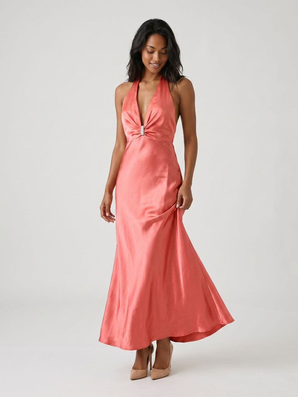 Coral Satin Sheath Halter Neckline Backless Ankle-Length Evening Dress - Curvevia