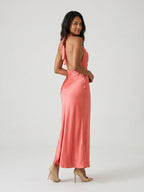 Coral Satin Sheath Halter Neckline Backless Ankle-Length Evening Dress - Curvevia