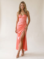 Coral Satin Sheath Sweetheart Side Zip Ankle-Length Evening Dress - Curvevia