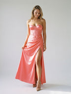 Coral Satin Sheath Sweetheart Side Zip Ankle-Length Evening Dress - Curvevia