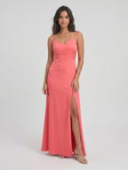 Coral Satin Sheath V-Neck V-Back Floor-Length Bridesmaid Dress with Pleating - Curvevia