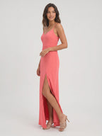 Coral Satin Sheath V-Neck V-Back Floor-Length Bridesmaid Dress with Pleating - Curvevia