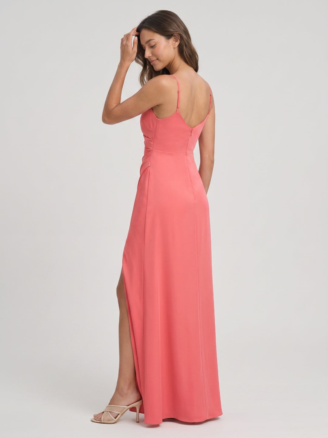 Coral Satin Sheath V-Neck V-Back Floor-Length Bridesmaid Dress with Pleating - Curvevia