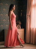 Coral Satin Sheath V-Neck V-Back Floor-Length Bridesmaid Dress with Pleating - Curvevia